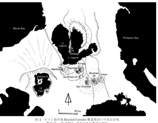 Fig. 2　Distribution of volcanoes in the Macolod Corridor tectonic zone, central Luzon Is.