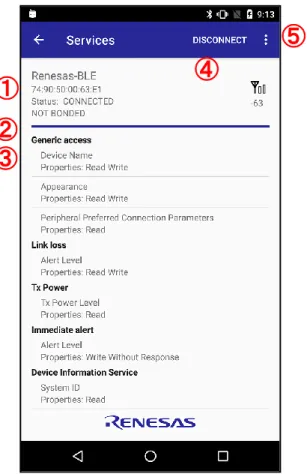 図  6-13  Service と Characteristic の一覧表示  表  6-5  BLE デバイス情報  番号  情報  説明  ①  接続デバイス情報  接続している BLE デバイスの「ローカル名」、「BD アドレス」、 「接続状態」、「Bonding 状態」、「RSSI 受信強度」を表示しま す。 