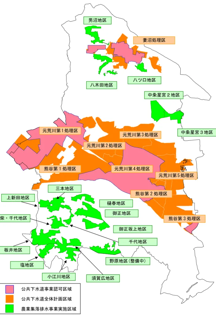 図  3-1 共 水道全体計 区域及び農業集落排水事業実施区域 ※流域関連公共下水 全体計 区域 流総計 全体計 区域木田地区男沼地区 口地区 中条星宮 地区  中条星宮 地区樋春地区 御正地区 御正坂地区原地区(整備中) 新田地区 地区 柴千代地区 千代地区 板井地区 塩地区 小江川地区 須賀広地区熊谷第 1 処理区 元荒川第 1 処理区 元荒川第 平 処理区元荒川第 年 処理区元荒川第 ィ 処理区熊谷第 平 処理区 元荒川第 イ 処理区 熊谷第 年 処理区共水道事業認可区域 共水道全体計区域 農業集落排