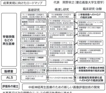 図 3 は HGF 投与群および対照群の経過を示す．平均発 症 は HGF 投 与 群 が 126.8 ± 13.1 日， 対 照 群 が 126.3 ± 13.8 日（p=0.6346）と有意差は認めない．一方で平均死亡 は HGF 投与群が 154.3 ± 16.4 日，対照群が 143.25 ± 17.0 日 （p=0.0135）と HGF 投与群が対照群より有意に遅延し ている．発症から死亡までの平均罹病期間が，HGF 投与 群が 27.5 ± 11.1 日間，対照群が 16.9 ± 8.17 日間