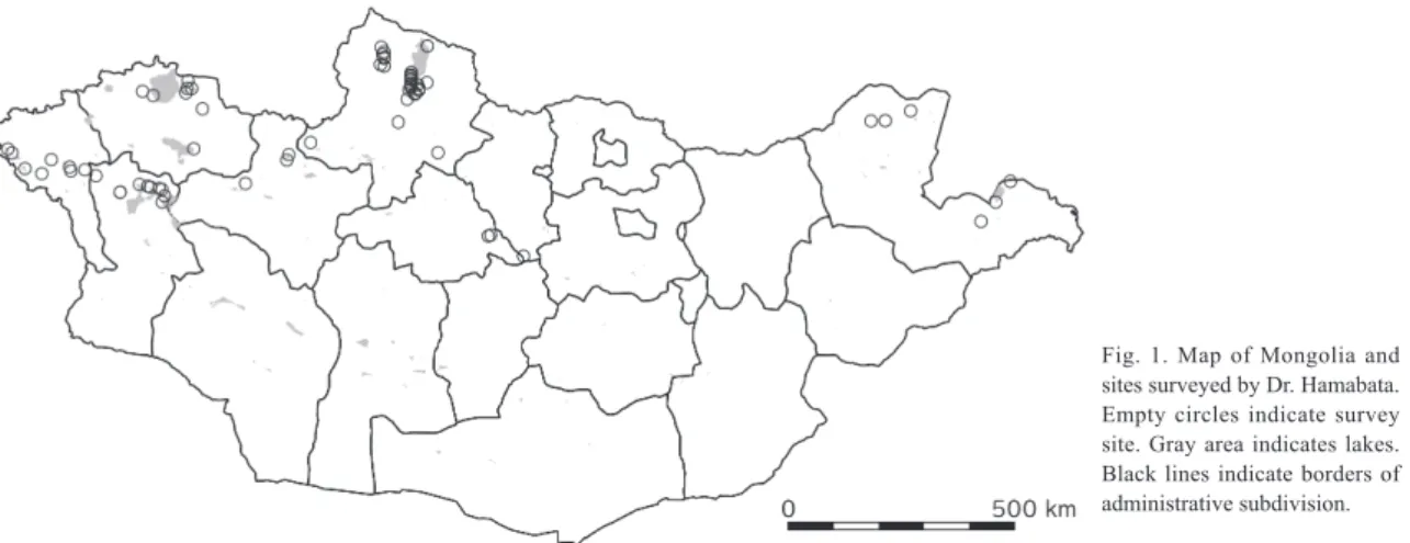 Fig. 1. Map of Mongolia and  sites surveyed by Dr. Hamabata. 