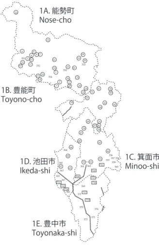 Fig. 3. Toyono District.  Present;  Occasinal occurrence;  #Absent. 