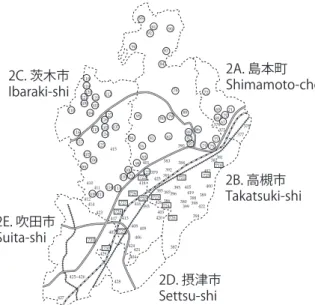 Fig. 4. Mishima District. Present; Occasinal occurrence;  #Absent. 