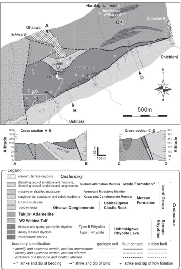 Fig. 3. Lithological map and cross sections of the Ushitaki areas, southern Kishiwada