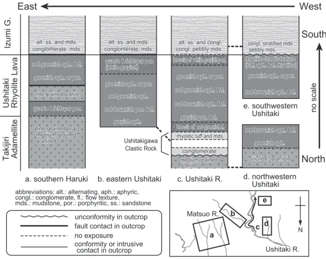 Fig. 4. Schematic diagrams of lithological comparison among four areas in N–S direction, corresponding to Fig