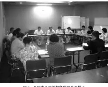 図 8　救急隊の指導を受ける当院の救護班員 図 9　長岡市 3 病院救急懇談会の様子 のアンバランスが顕著なだけである．したがって日常の救 急医療で関係する組織との連携ができていれば，それが災 害時にも力を発揮することになる．参考までに私たちの地 域での取り組みを紹介する．長岡市は人口 30 万弱の地方 都市であるが，当院を含めて 3 次救急医療に対応できる 能力のある 500 床超の総合病院が 3 つあり，これまで均等 な救急輪番体制がうまく機能してきていた．救急患者の受 け入れもスムースであったが，近年