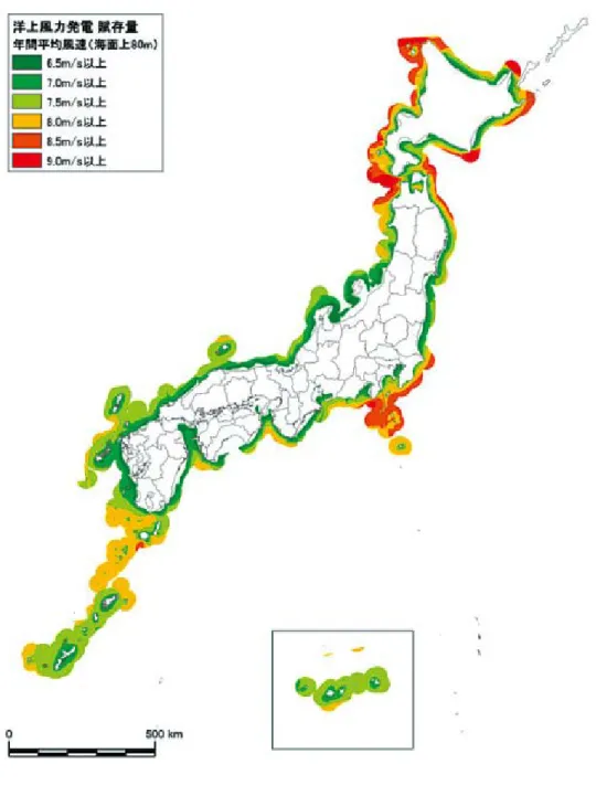 図 2.2.5 日本の風力ポテンシャルマップ（洋上）