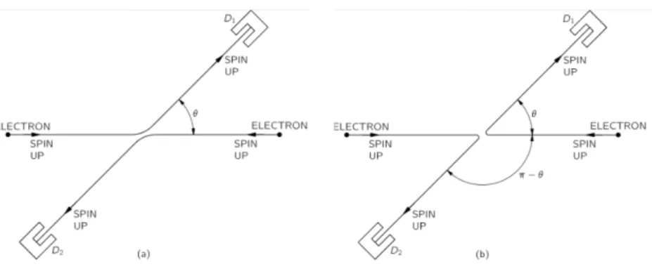 図 1: 粒子の散乱実験 (図は Feynman et al. [4] より)。 況下では、粒子の確定した「軌跡」という考え方は意味をなさない。同種粒 子の散乱過程においては、本当は (a) と (b) のどちらかの過程を粒子がたどっ ているとはいえない。 一方、異種粒子の散乱過程であれば、たとえば D 1 で検出した粒子が a か b かどちらかを、粒子の内的な性質に基づいて判定できる (通時的同一性が 維持される ) 。これより、散乱過程では、衝突させる粒子同士が異種か同種か によって、粒子の通時的な同