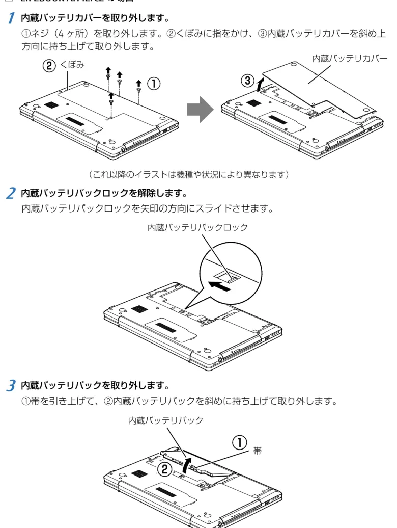 表  紙  ▼ 取り扱い  79□LIFEBOOK AH42/C2の場合   1 内蔵バッテリカバーを取り外します。 ①ネジ（4 ヶ所）を取り外します。②くぼみに指をかけ、③内蔵バッテリカバーを斜め上方向に持ち上げて取り外します。                 2 内蔵バッテリパックロックを解除します。 内蔵バッテリパックロックを矢印の方向にスライドさせます。   3 内蔵バッテリパックを取り外します。 ①帯を引き上げて、②内蔵バッテリパックを斜めに持ち上げて取り外します。 くぼみ  内蔵バッテリカバー 