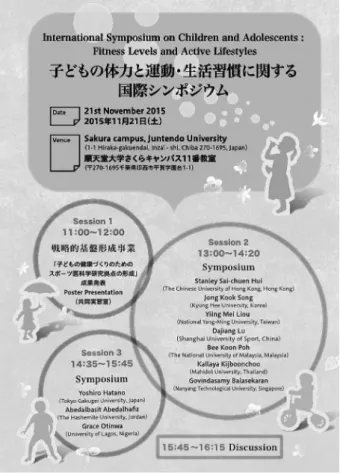 図 1 国際シンポジウムリーフレット表紙.開 催 概 要 国際シンポジウムは2015年11月21日（土）13時から順天堂大学さくらキャンパス11番教室において開催された（図1）．国際シンポジウム開催に先立ち，11時から「子どもの健康づくりのためのスポーツ医科学研究拠点の形成（私立大学戦略的研究基盤形成支援事業）」の成果発表として30演題のポスター発表が行われた．国際シンポジウムは2つのセッションとその後のディスカッションで構成された．