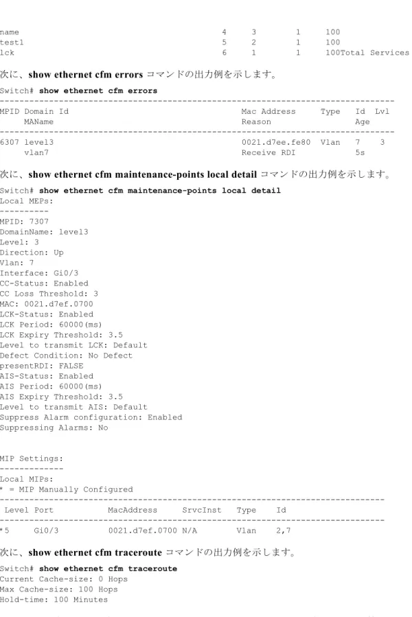 表 64-3  に記載された特権  EXEC  コマンドを使用すると、 IP SLA  イーサネット  CFM  情報を表示できま す。