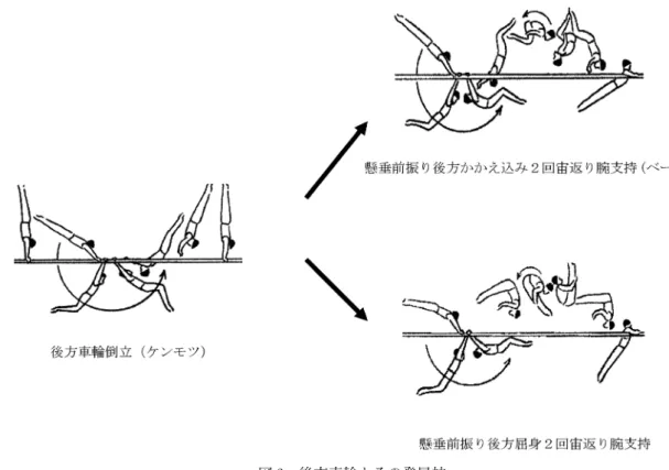 図 2 後方車輪とその発展技 また，1997年の規定演技の廃止により，競技方法 の変革が行われ，種目ごとのスペシャリストを養成 し，種目に特化した選手が誕生するに至ってくる． このことは，陸上競技の十種競技が歴史的に辿って きた道を体操競技も個人総合から種目別選手権のス ペシャリストへの道へと歩み始めようとしているか のようである． さらに，2006年の10点満点撤廃により，世界の体 操界はますます「難しさ」に傾斜する傾向にある． 実施における減点と難度の価値点との大きさを天秤 にかける操作が選手やコーチに