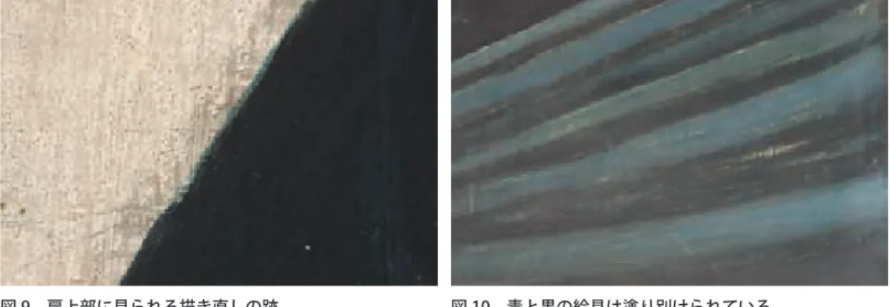 図 9　肩上部に見られる描き直しの跡 図 11　肌部分の下層に赤味のある褐色の絵具がある 図 10　青と黒の絵具は塗り別けられている 2：背景と人物の描き手順 　原則として肌と衣服は塗り重ねがなく、塗り別けられて描画されていることが分かる。しかし、 肌の絵具が衣服の上に塗り重ねられている箇所もあり、衣服の次に肌を描いたと考えられる。衣服 のドレーパリー表現は、《カンディダ》と異なり、レボソの固有色である濃紺と明部の水色の絵具は 重なる箇所もあるが塗り別けられている（図 10）。この描写の仕方から、《女の像》