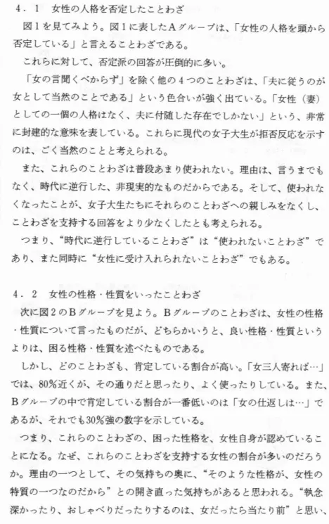 図 1を 見 てみ よ う。図 1に 表 した Aグ ル ープは、「 女性 の人格 を頭か ら 否定 してい る」 と言えることわ ざであ る。 これ らに対 して、否定派 の回答が圧倒的 に多い。 「 女 の言 間 くべ か らず 」 を除 く他 の 4つ の こ とわ ざは、 「 夫 に従 うのが 女 と して当然 の ことであ る」 とい う色合いが強 く出てい る。「 女性 (妻 ) と して の一個 の人格はな く、夫 に付随 した存在で しかない」 とい う、非常 に封建的な意味を表 してい る