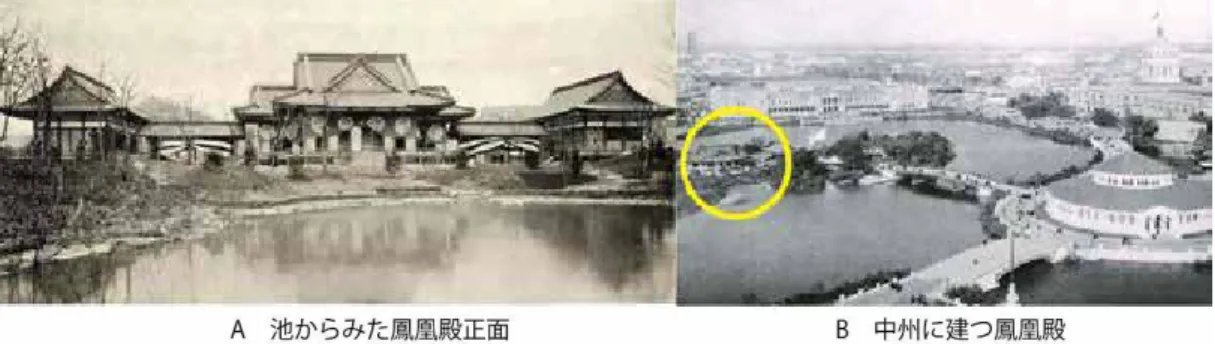 図 15  シカゴ万国博覧会(コロンブス世界博覧会、1893)会場に建つ日本館鳳凰殿  図 16  平等院鳳凰堂  図 17  移築後の帝国ホテル：玄関部分と前池のみ残るが、もとは両側に客室棟、  奥に宴会場・劇場があった。(愛知県犬山市明治村)  図 15  シカゴ万国博覧会(コロンブス世界博覧会、1893)会場に建つ日本館鳳凰殿 図 16  平等院鳳凰堂 図 17  移築後の帝国ホテル：玄関部分と前池のみ残るが、もとは両側に客室棟、 奥に宴会場・劇場があった。(愛知県犬山市明治村) 図 15  シカゴ万