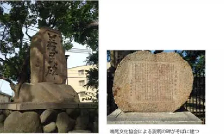 図 19  旧鳴尾村の義民碑(左：西宮市甲子園三番町  北郷公園内)  図 20  役割不明の小さな石碑(西宮市甲子園二番町  甲子園筋歩道)  林の場合は、苦労して入学した名門・マウントハーモン校を途中で退学している。不眠 症が理由とされるが、それは、一人寂しく異国アメリカで亡くなった友人の死に起因する という。林の「利他」の心は、孤独で寂しい心に寄り添う感受性と共にあったことを示し ていると思う。一方、遠藤は、福島県に生まれ、そこで少年時代を過ごした。東北地方の 農村の厳しい現実を良く知っていた。成績優