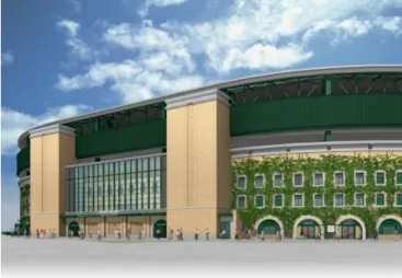 図 24. 現在の甲子園の全景（東から望む）  図 25. 現在の甲子園の全景（南から望む） 現在では打放しコンクリートだった外壁とは違い、ベルギー製のレンガで外壁を施工し、高級感のある仕上げとしているため、外壁を隠す必要はないが、以前の甲子園のイメージを損なわないように蔦を植栽し、今では上部まで成長している。以前の甲子園の蔦の苗を各学校で引き取り、育成してもらったものをリニューアル時に持ち寄ってもらった「里帰り」したものである（図 22）。 （図 23）は甲子園リニューアルの工事スケジュールである。 現在