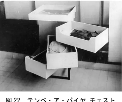 図 22  テンペ・ア・パイヤ チェスト 回転させることにより高さを調節できる。寝室には特に可動性が付与されており、造り付け衣装棚は平行に動き、チェスト、鏡、サイドボードは用途に合わせて回転する（図 21）。造り付けの衣装棚の可動性は「E.1027」の図 A とほぼ同じ手法である。チェストもまた直方体の二つの角を回転させ、引き出しが飛び出る仕組みで「E.1027」のチェストや衣装棚の引き出しを発 展させたものとみなすことができる（図 22） 。最 も興味深いのは、天窓である（図 23）。円形の板を回転させて