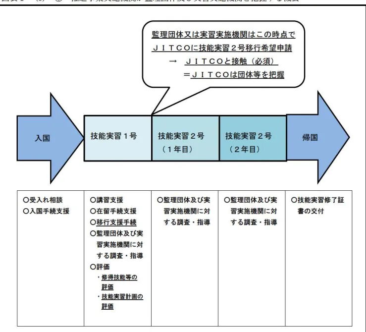 図 表 1 ‑( 3 ） 一⑥ 推 進 事業実施機関が監理団体及 び 実習実施機関を把握する機会 O 受入れ相談 O 入国手続支援 技能実習 1号 監 理 団 体 文 は実 習 実 施 機関 は こ の 時 点 でJITC Oに 技 能 婁 習2号 移 行 希望申 請→ JITC Oと樺触（必須）=JITC Oは団体等芥杷握O講習支援O在留手続支援 O 移行支援手続 0 監理団体及び実 習実施機関に対 する調査 ・ 指導 0 評 価 −筆宣韮盤萱の 量量 −謹盤室軍計画の 量量 技能実習 2 号( 1年目）