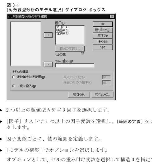 図 8-1 [対数線型分析のモデル選択] ダイアログ ボックス E 2 つ以上の数値型カテゴリ因子を選択します。 E [因子] リストで 1 つ以上の因子変数を選択し、 [範囲の定義] をクリッ クします。 E 因子変数ごとに、値の範囲を定義します。 E [モデルの構築] でオプションを選択します。 オプションとして、セルの重み付け変数を選択して構造 0 を指定できます。 対数線型分析の範囲の定義 図 8-2 [対数線型分析: 範囲の定義] ダイアログ ボックス それぞれの因子変数には、カテゴリの範囲を指定
