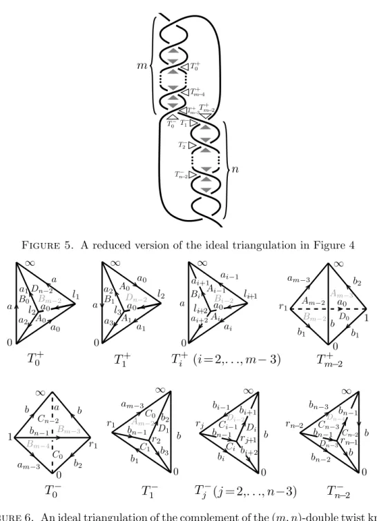 Figure 6. An ideal triangulation of the complement of the (m, n)-double twist knot: