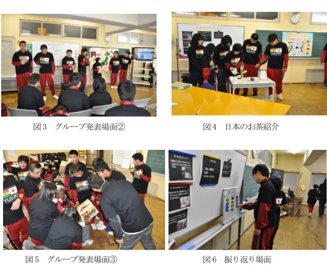 図 3  グループ発表場面②                    図 4  日本のお茶紹介  こと  図 5  グループ発表場面③                      図 6  振り返り場面  また，授業を進めるポイントとしては，生徒自身が課題を見付け自ら取り組むことを大切に することである。実際，教員が生徒の反応を予想して初めに授業計画を立てていたが，生徒た ちの様子やつぶやきをさらに大切にすることを意識し，計画を随時変更しながら授業づくりを 進めてきた。外国の文化について知るうちに，生徒からは「