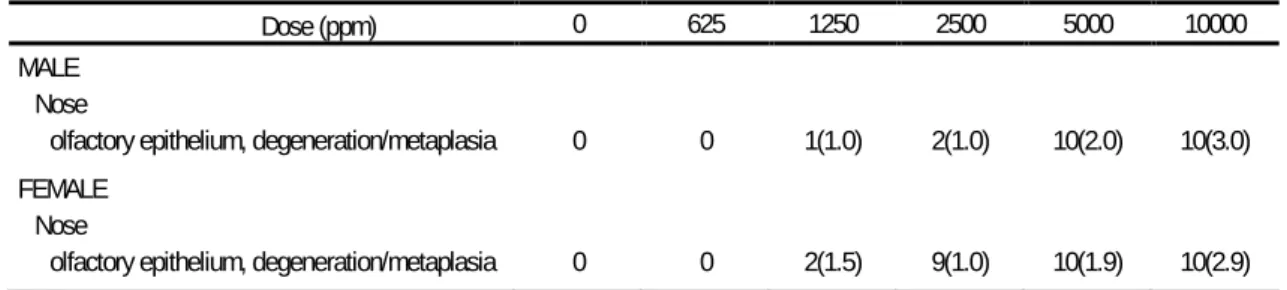 Table 4.1.2.6.1-4.2:  Incidence and severity of the lesions observed in the mouse NTP (1992) study a