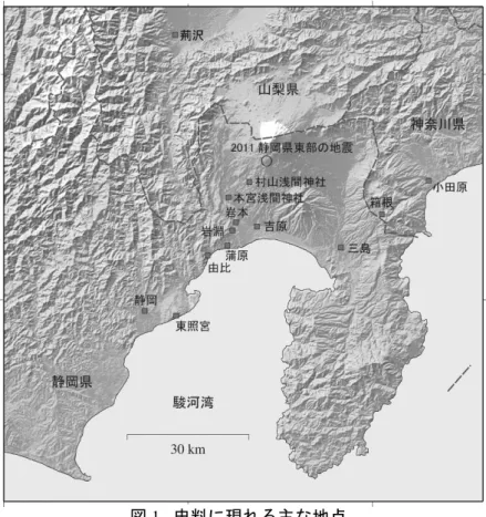 図 1.  史料に現れる主な地点． 