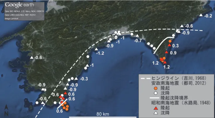 Fig. 2 Uplift and subsidence of land associated with past Nankai earthquakes and tectonic hinge line
