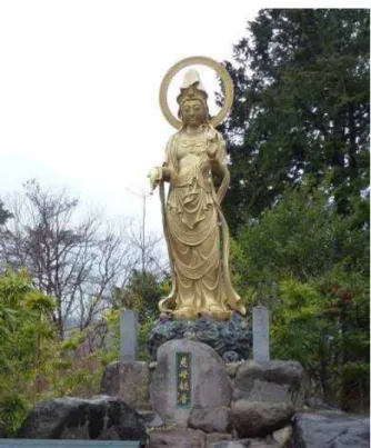 図 4  記念碑  (2013 年 4 月筆者撮影)  Fig.4 Monument    2.5 温泉寺奥の院  慈母観音（兵庫県豊岡市城崎町 湯島）  （台座銘文）慈母観音建立の辞/慈母観音建立の功 徳主  牛山綾野女史は，当湯島の地に父，/安田信  二  母，みね夫妻の長女としてご出生．/大正十四年 五月二十三日午前十一時十一分  当地方を襲っ/た 北但大震災にて  母みね様二十四歳にて横死．/綾 野女史二歳の時なり．/この震災の横死者は城崎町だ けで二百七十二名もの尊き生/命が奪われました．/女 史