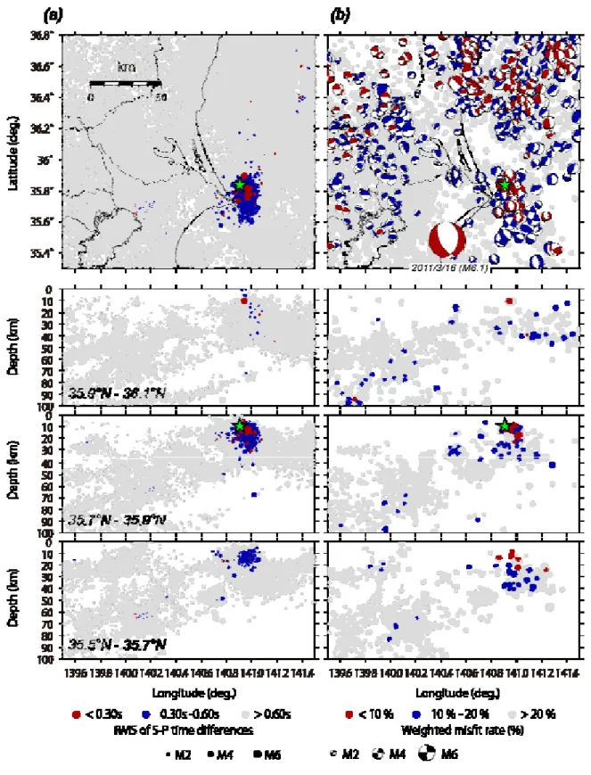 Fig. 5. (a) Distribution of root mean squares of S-P time differences between recent earthquakes and the earthquake of March 16th,  2011