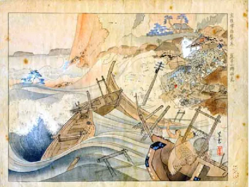 図 2  大正 10 年測図1 万分の 1 地形図 「逗 子」 ． 参謀本部陸地測量部大正 10 （1921）年修正測 図，大正 15（ 1926）年発行の 1 万分の 1 地形 図（軍事機密図）に，小坪周辺の地名と社寺 名を加筆．近藤  紫雲が諏訪神社付近から見て （←）描いた版画の範囲（太線と太破線）を 推定した．地図にある諏訪神社は地震による がけ崩れで全壊し，現在の諏訪神社は斜面の 上部に新築されている．佛乗院は，当時の地 形図に記述されていなかったので，括弧内に 位置を示す． 
