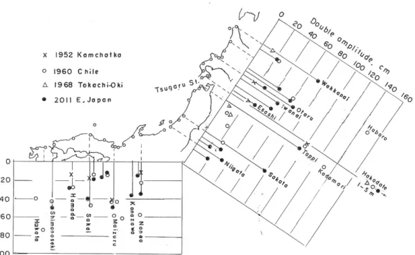 Fig. 2 Distribution of double wave heights of the Pacific tsunamis  㻌