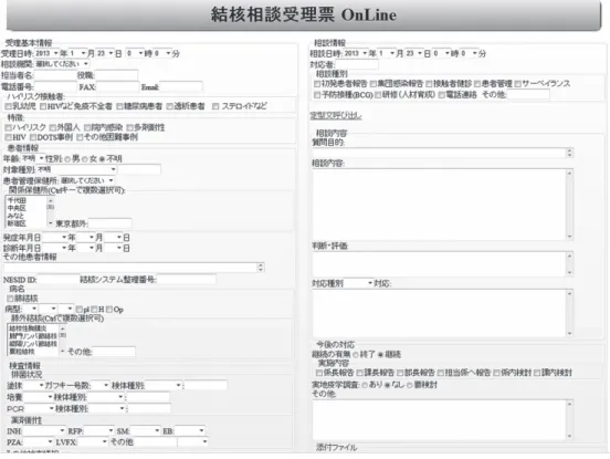 Fig. 2 Data  entry  screen  of  the  problematic  TB  cases  Consultation  System.  The  data  of  cases  inputted  by  the  staff  of  the  Tokyo  Metropolitan  Institute  of  Public  Health  through  Public  Health  Centers are stored in the TB Consultat