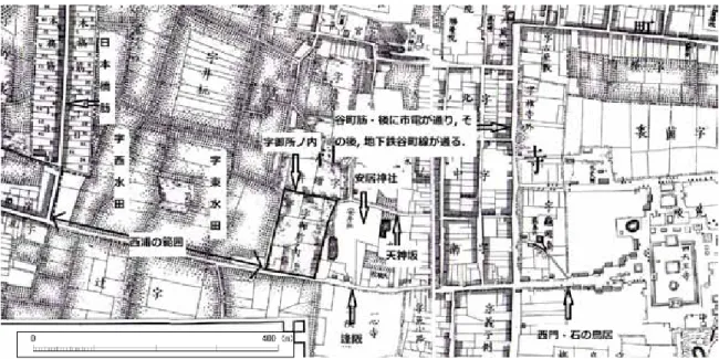 図 1  安居殿御所の位置を示す地図.  内務省地理局測量課, 1886, 5000 分 1 大阪実測図に加筆して作 製した.安居殿御所の位置を示す「字御所ノ内」という記載がある.  安居殿御所西浦は「字御所ノ内」の 西端から日本橋筋までの東西約 350m の範囲である.  ｢西浦｣の範囲を←→で示した
