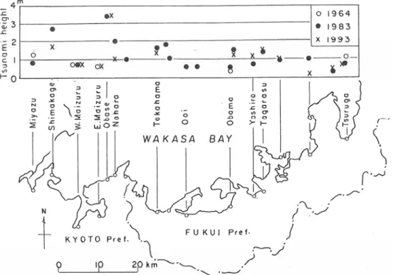 Fig. 4. Refraction diagram of the 1993 SW. Hokkaido  earthquake tsunami and the observed travel times  (upper)