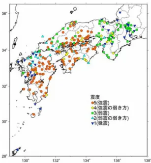 図 3  1909 年宮崎県西部地震の濱松・宇佐美(1985)によ る管内観測点のデータを合わせた震度分布（表 3 に従う）