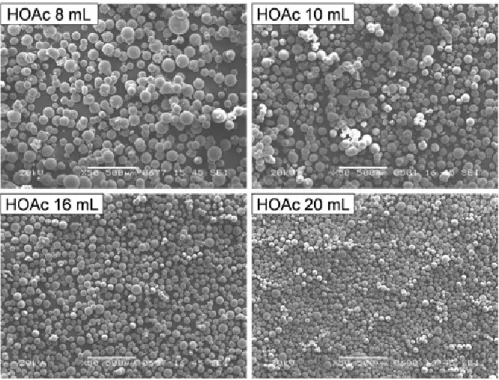 図 3-11  得られた微粒子状 MSQ エアロゲルの形態。  出発ゾル中の酢酸水溶液を変化（CTAC、尿素濃度は一定に保った）させた場合、      粒子形状やサイズを変化させることができる。粒度分布を次図（図 2-12）に示す。  図 3-12  得られたエアロゲル微粒子の粒度分布。            粒子外観は前図(図 3-11)に示した 。  23