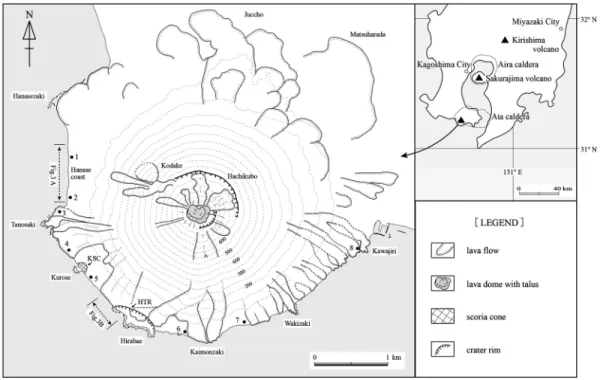 Fig. 1. Topographic map of Kaimondake volcano. Localities of stratigraphic columns and geological sketches in Figs