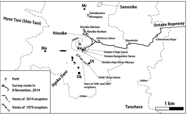 図 2. 山頂調査の行程と地名．Ic: 一ノ池， Ke: 剣ヶ峰， Ma: 継母岳， Mr: 摩利支天山， Ot: 王滝頂上， Ok: 奥の院．