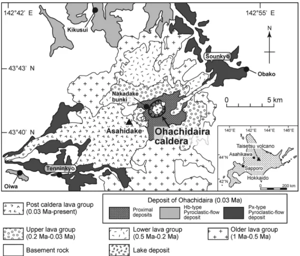 Fig. 1. Geological and index map of Taisetsu volcano. Solid circles show the locations of the outcrops and sampling points.