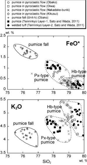Fig. 6. FeO* vs SiO 2 (upper) and K 2 O vs SiO 2 (lower) variations of glass compositions of juvenile pumices.