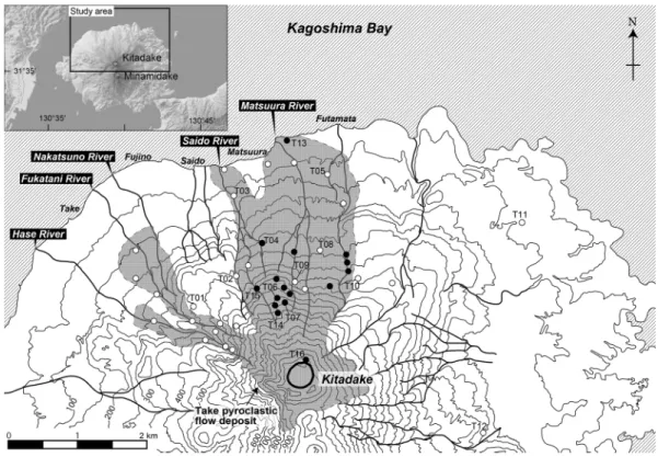 Fig. 1. Location map of measured stratigraphic sections of the northern slope of Sakurajima volcano, showing distribution of Take pyroclastic flow deposit