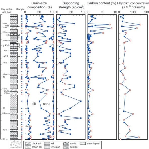 Fig. 2. Tephrostratigraphy and vertical variations in grain size, soil hardness, carbon content and phytolith concentration of the Izumikawa section, located 4 km NNE of Nakadake crater