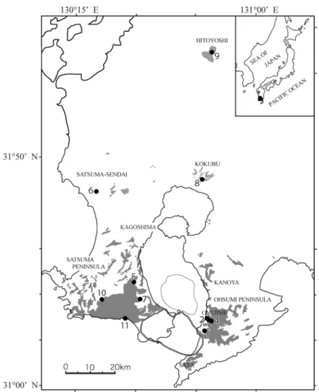Fig. 1. Distribution of the Ata ignimbrite shown in gray. Thin broken line shows the rim of the caldera by Hayasaka (1987)