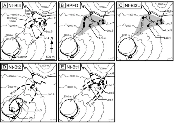 Fig. 5. Isopach maps of Stage 3 tephras, (A) Nt-Bt4, (D) Nt-Bt2, and (E) Nt-Bt1, and distribution maps of (B) BPFD(pyroclastic flow deposit) and (C) Nt-Bt3U (lahar deposit)
