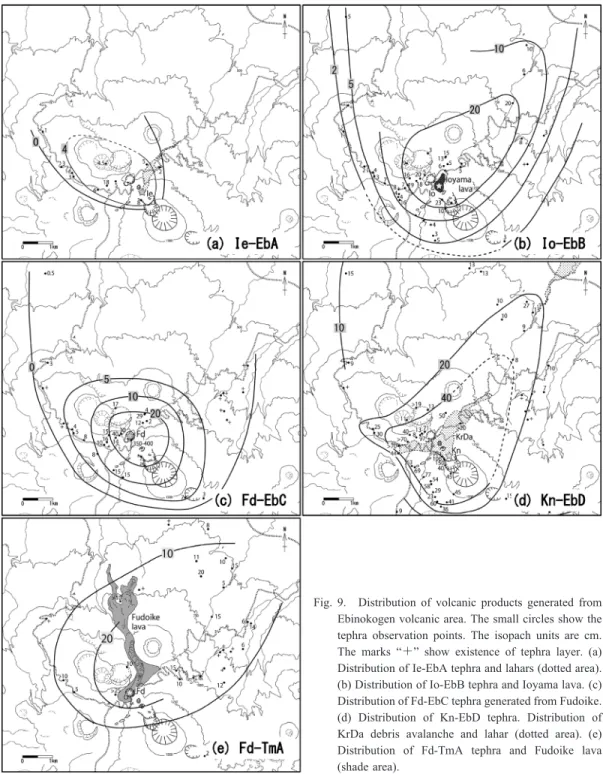 Fig. 9. Distribution of volcanic products generated from Ebinokogen volcanic area. The small circles show the tephra observation points