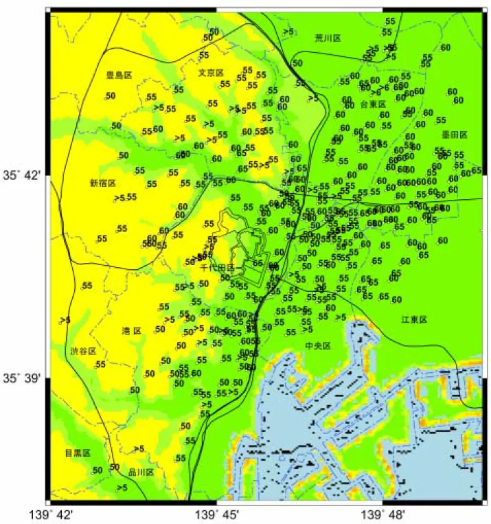 図 1  安政江戸地震の江戸市中の震度分布．中央区の中央部，北部に被害の少ない部分が見られる．墨 田区，江東区に震度 6 あるいは 6+の地点がいくつも見られる．千代田区丸の内は江戸期には大名が多 く居住していた大名小路があったが，ここは元日比谷の入江として江戸初期に埋め立てられた地盤であ った．震度は 10 倍して表示してあるので，50 は震度 5 という意味である． 
