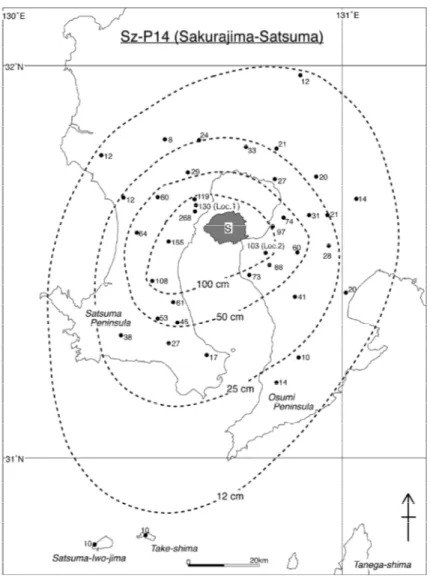 Fig. 6. Distributions of Sz-P14 (Sakurajima-Satsuma) tephra from Younger Kitadake volcano