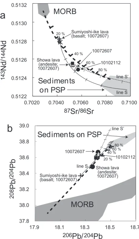 Fig. 5. Variation diagrams displaying 87 Sr/ 86 Sr versus 143 Nd/ 144 Nd (a) and 208 Pb/ 204 Pb versus 206 Pb/ 204 Pb (b)
